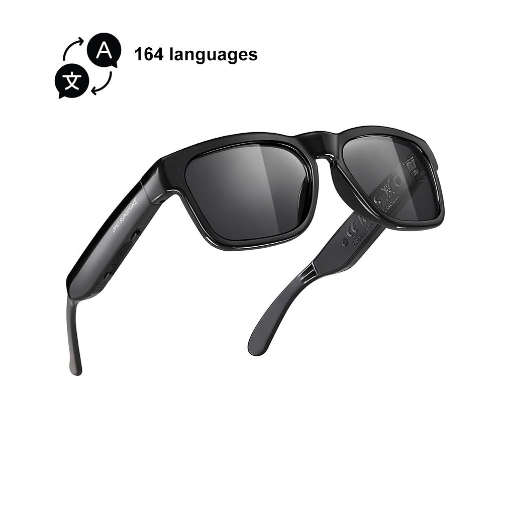 OhO Sunshine smart AI glasses featuring real-time audio translation for 164 languages.