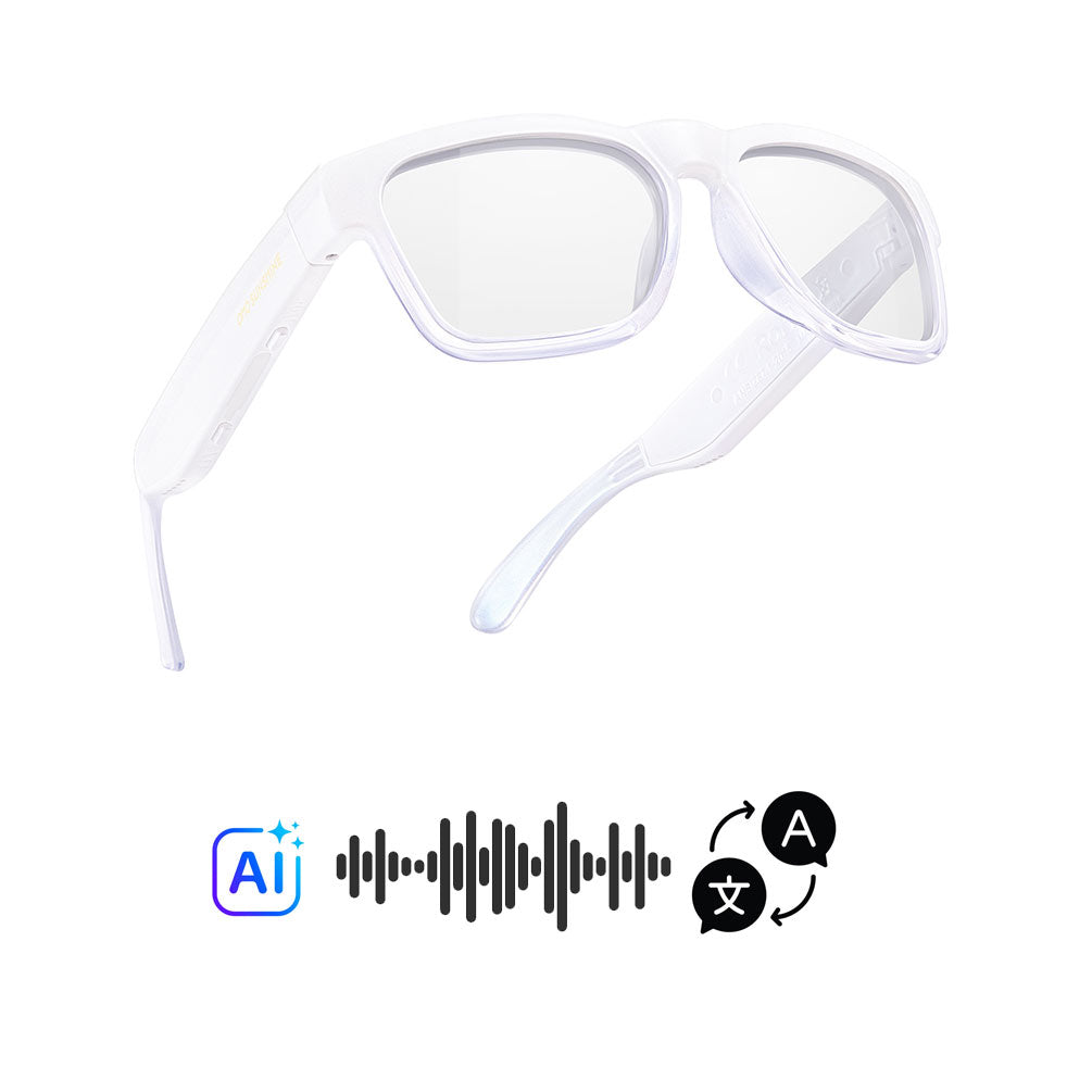 OhO Sunshine Elingo AI translation glasses in a clear white frame