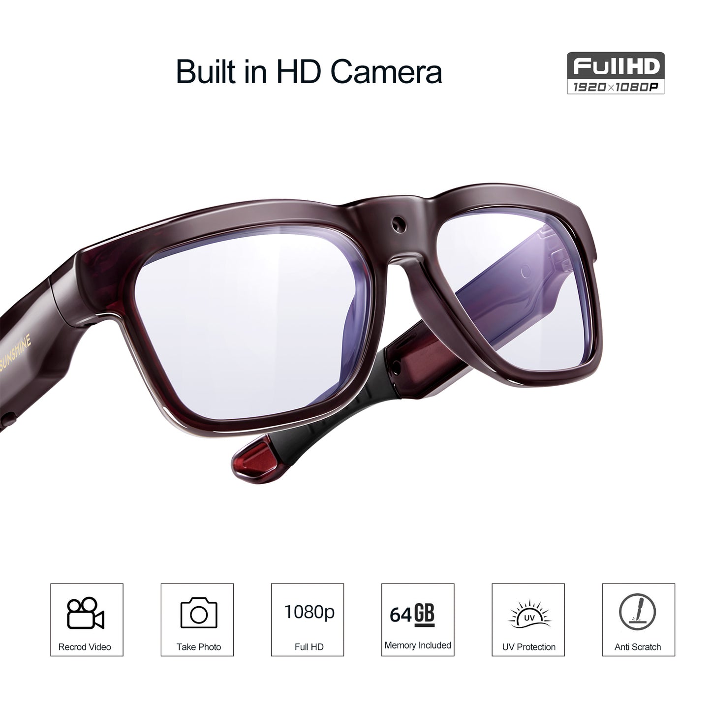 Occhiali da sole OhO Sunshine Livi Full HD con videocamera e registrazione video 1080p con Wi-Fi e trasferimento in tempo reale, memoria da 64 GB