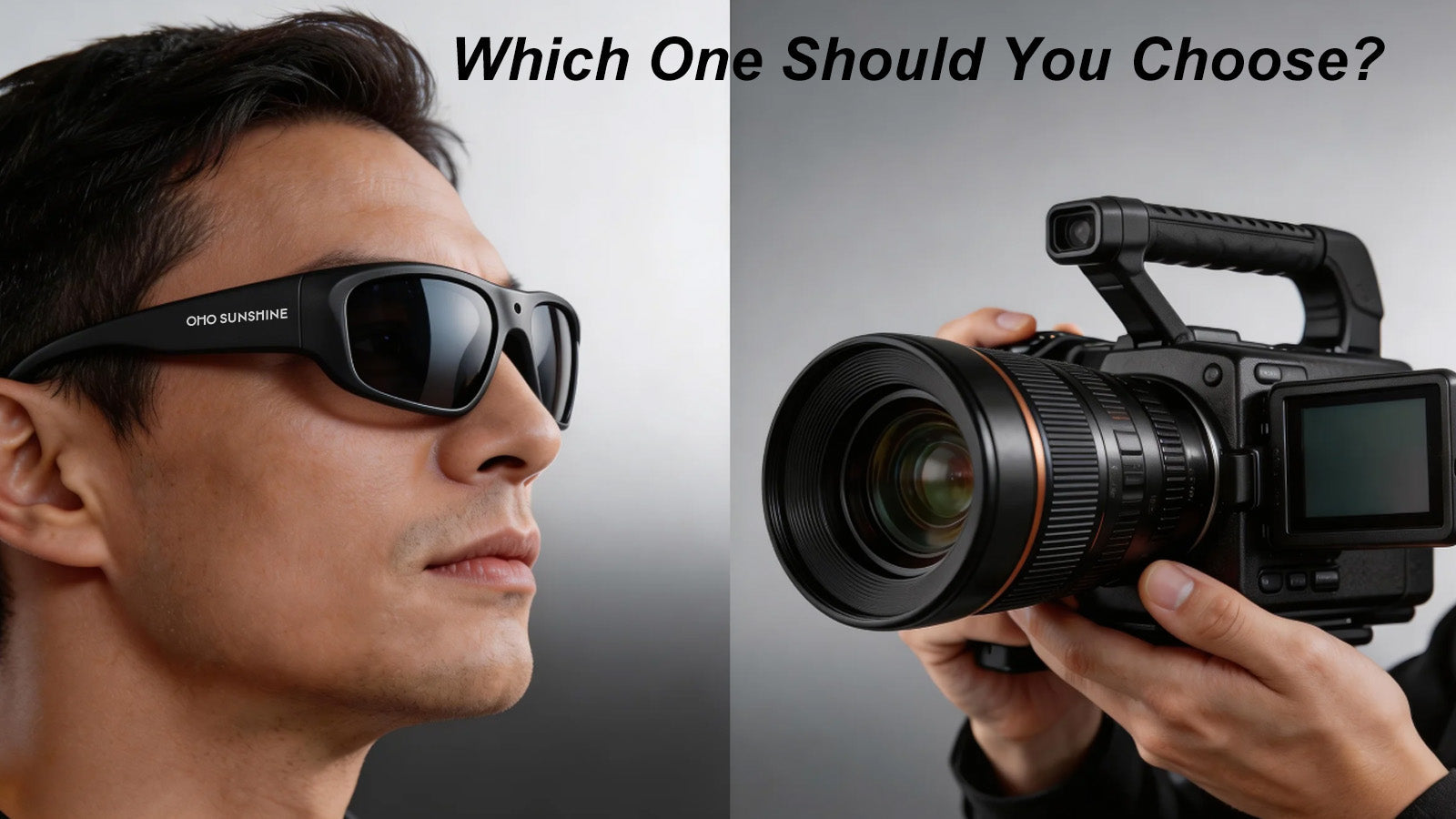 Split image comparing a man wearing smart glasses with a person holding a professional video camera