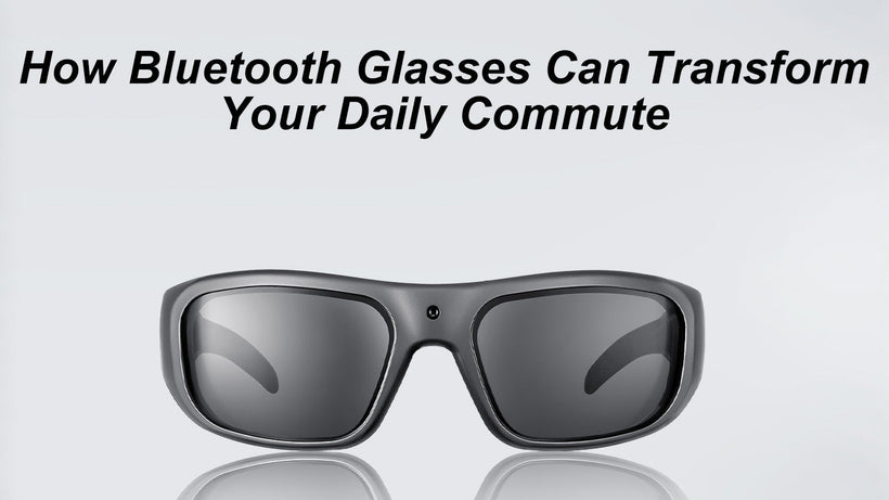 Promotional image of Bluetooth glasses with text about transforming your daily commute