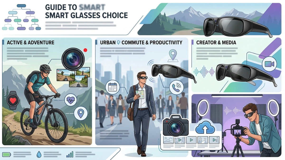 Infographic guide to choosing smart glasses for adventure, commuting, productivity, and content creation