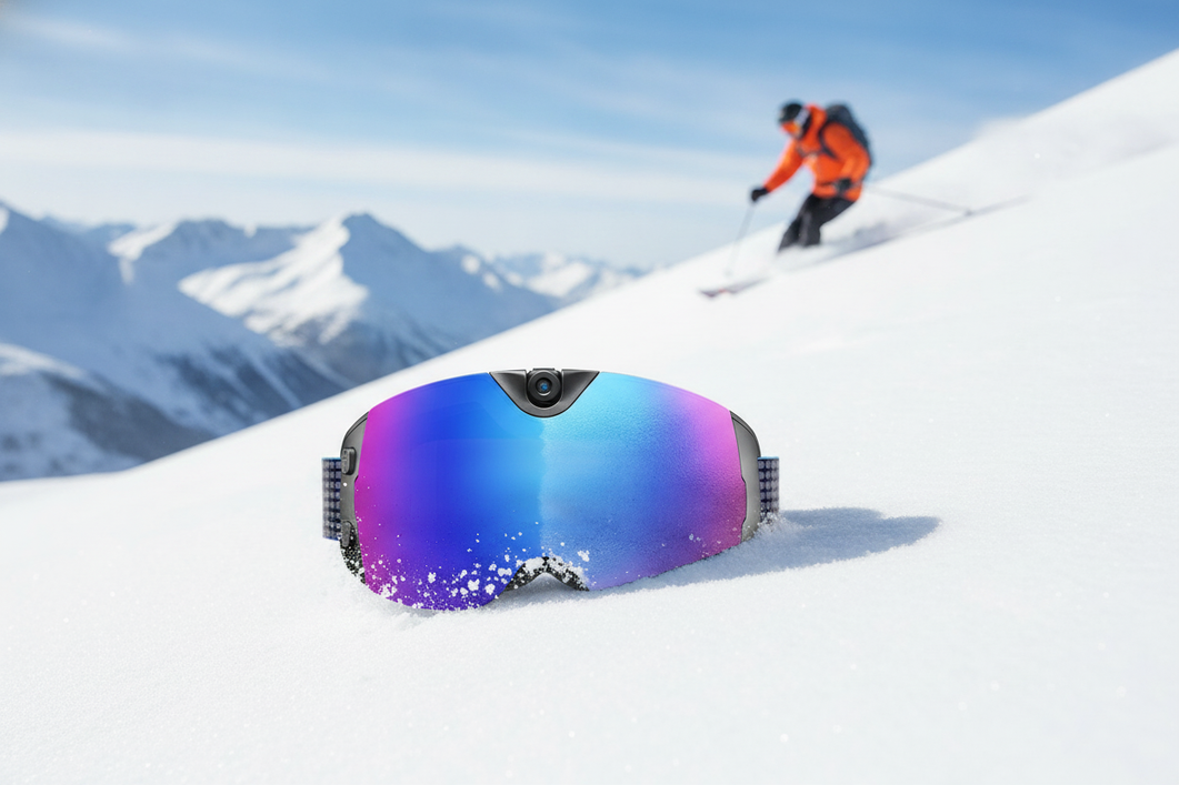 Smart ski goggles in a snowy mountain setting, shown as a cold-weather action hero product image