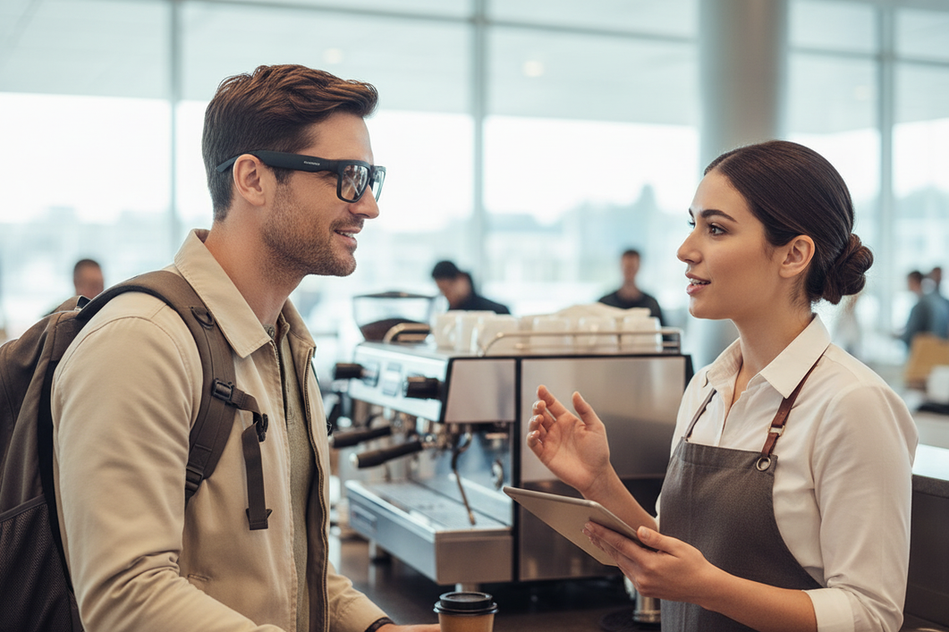 Smart translation glasses used during a brief face-to-face conversation in a travel or service setting