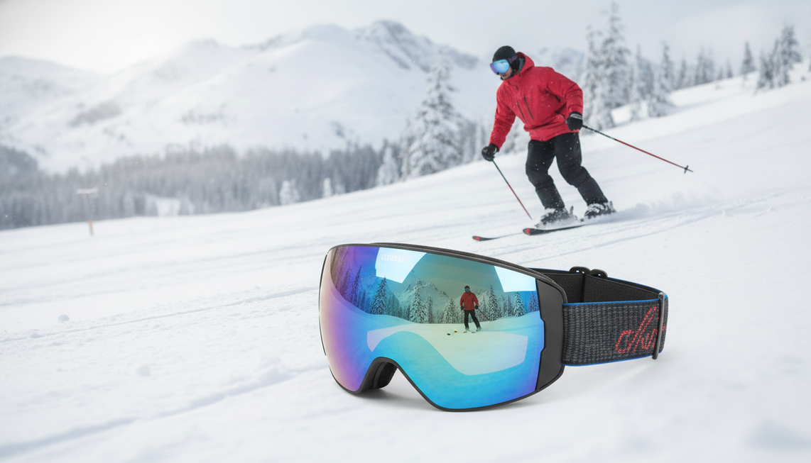 Camera ski goggles on a snow-covered mountain trail, shown as a lifestyle product hero with a skier in the distance