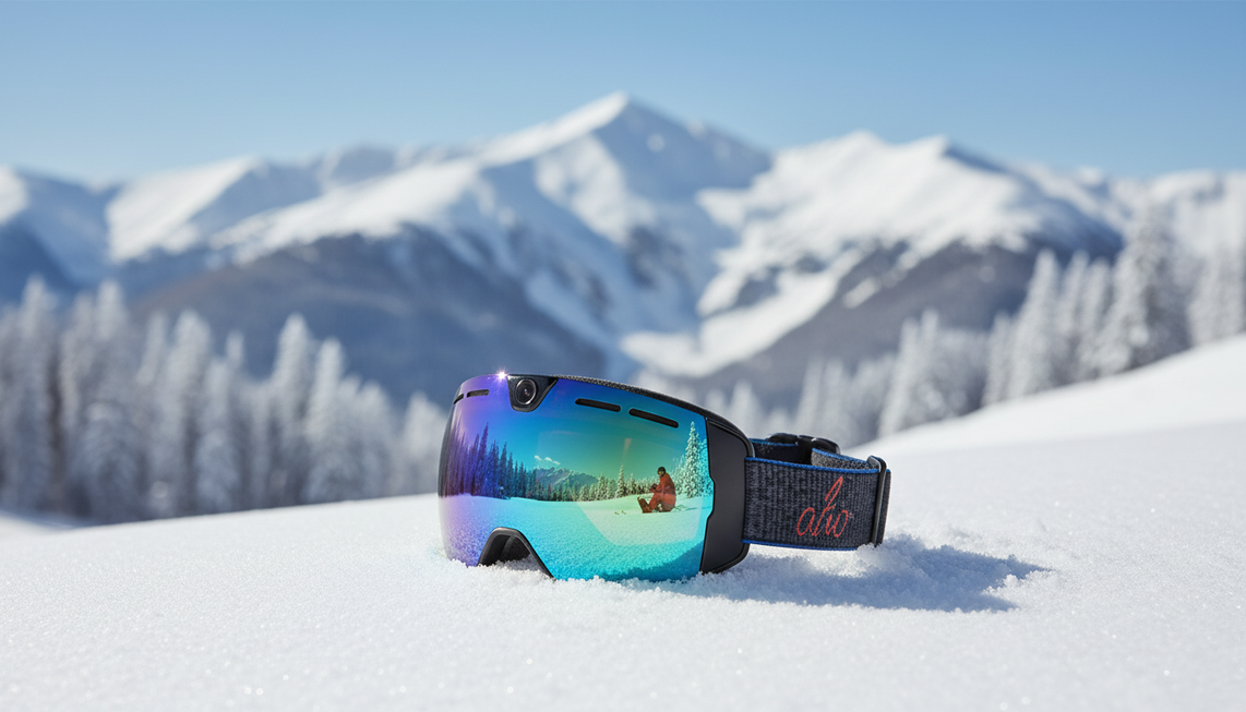 Camera ski goggles shown on a skier with a bright-day lens, ready for reflective snow and clear sunlight