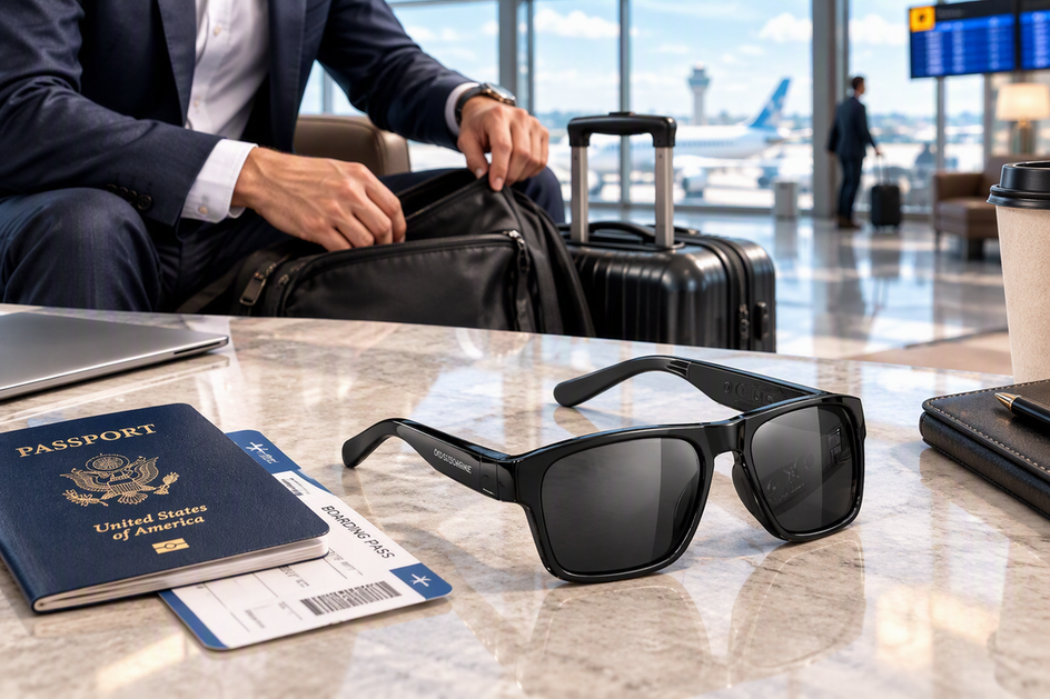 Black AI translation glasses resting beside a passport, carry-on bag, and travel documents in an airport setting.