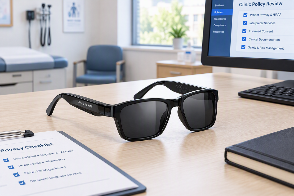 AI translation glasses arranged on a clinic workstation beside privacy and compliance review materials.