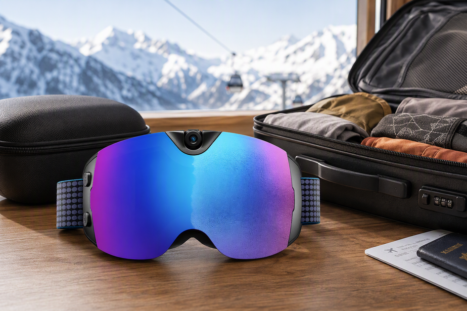 Camera ski goggles arranged with a padded case and carry-on bag for air travel in a snowy mountain setting