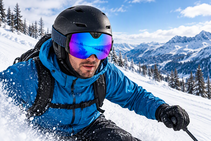 Skier wearing camera-equipped anti-fog ski goggles on a snowy mountain run