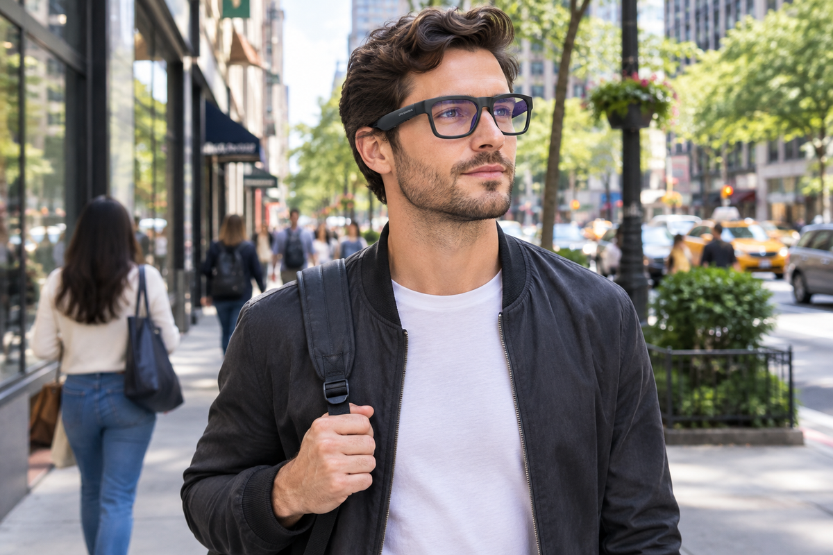 A pedestrian wearing OHO SUNSHINE Elite smart Bluetooth glasses walks through a city while keeping a phone in a pocket.