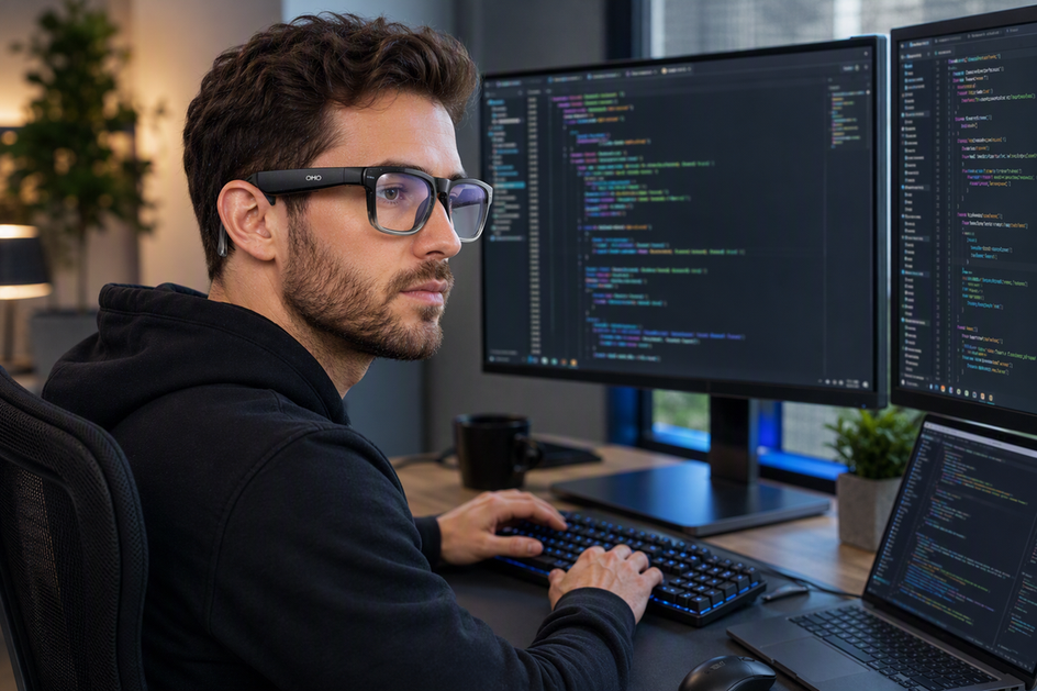 Programmer wearing smart glasses while working at a multi-monitor coding desk with an open-ear listening setup.