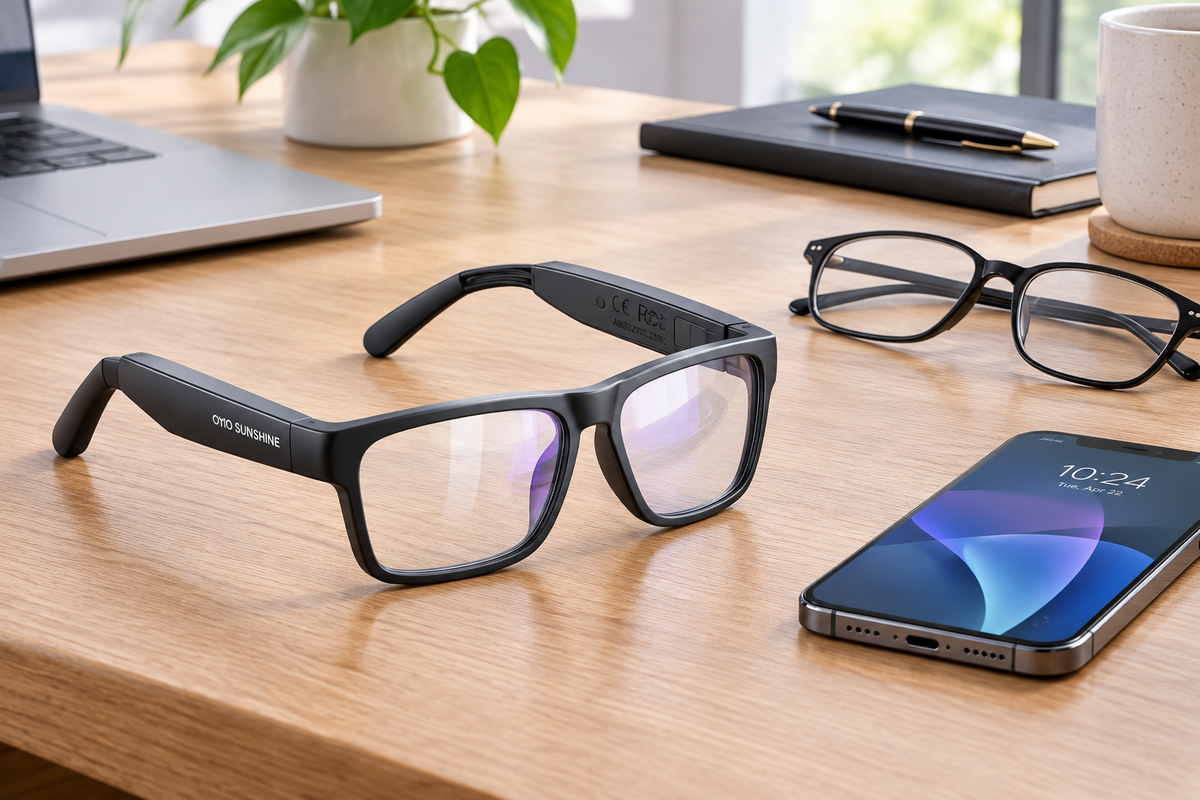Smart Bluetooth glasses arranged on a desk beside a smartphone and a separate pair of ordinary screen glasses.