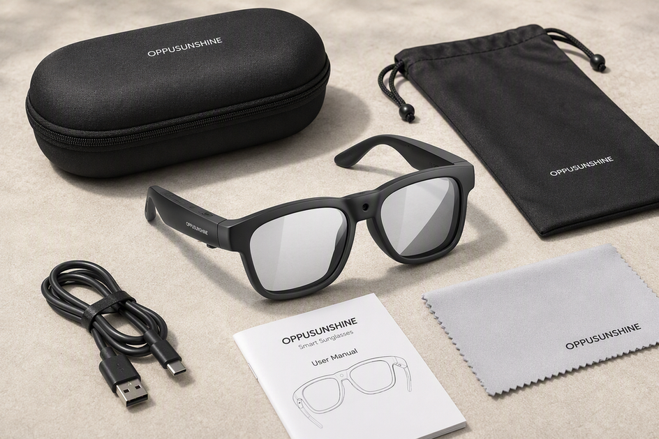 Smart camera glasses arranged with their case, charging cable, and manual on a clean tabletop