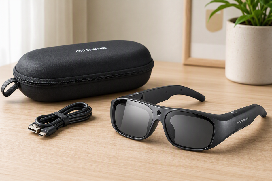 Camera glasses arranged beside a compact carrying case and charging cable on a clean tabletop