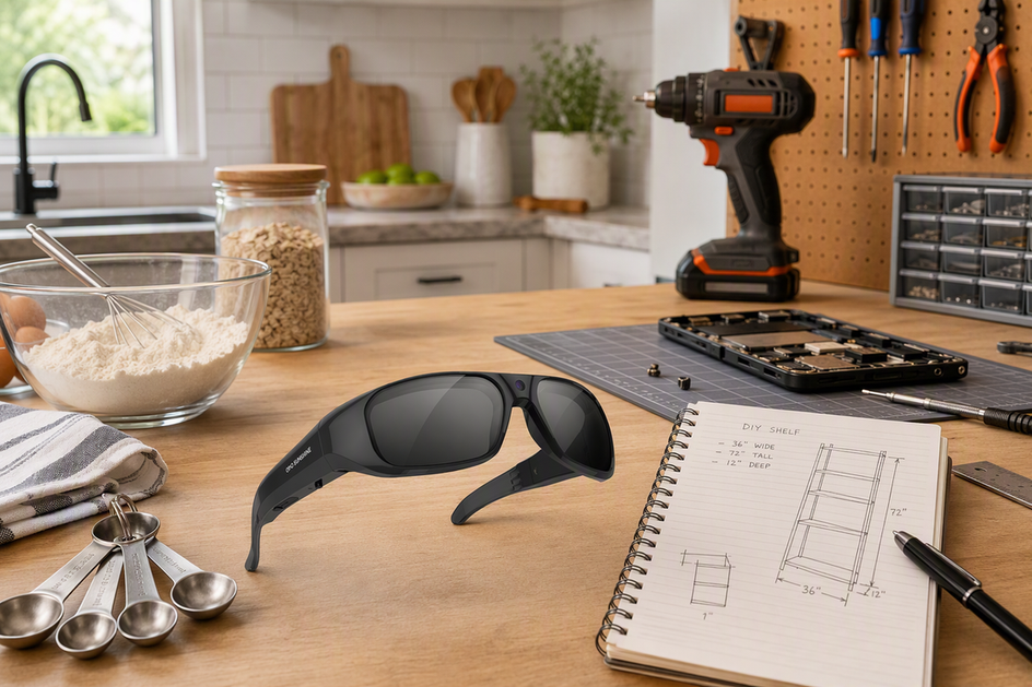 Camera glasses resting beside a mixing bowl, measuring tools, and a DIY workbench setup