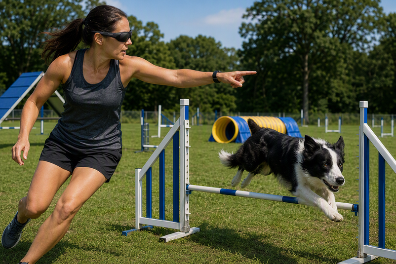 Handler wearing camera glasses watches a dog run through agility obstacles on an outdoor course.