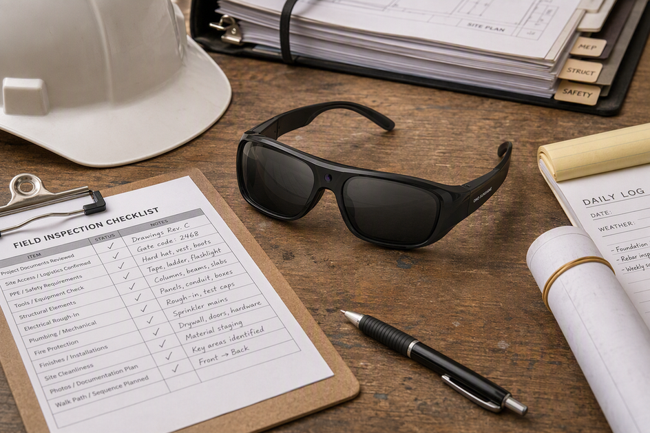 Camera glasses arranged with an inspection checklist, hard hat, and site paperwork on a work surface