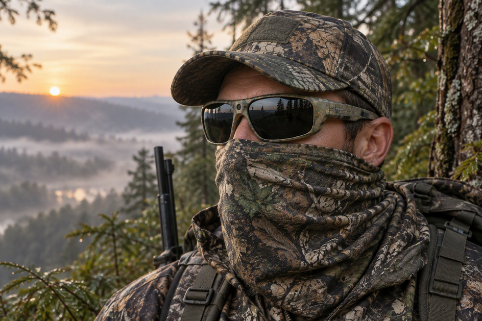 Hunter wearing camera glasses and a face gaiter in a misty woodland at dawn, with the eyewear clearly visible.