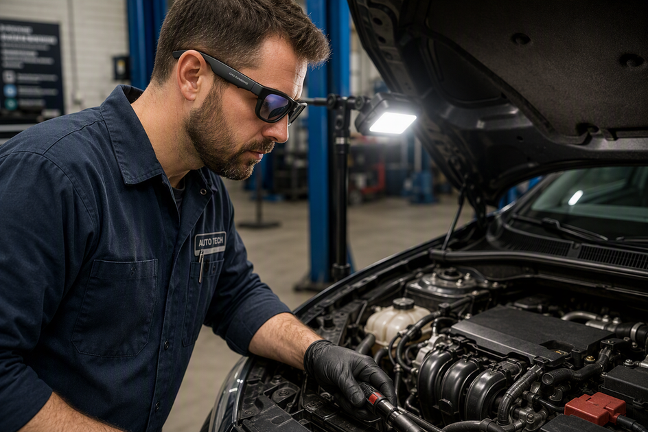 Auto mechanic wearing camera glasses while inspecting a brightly lit engine bay