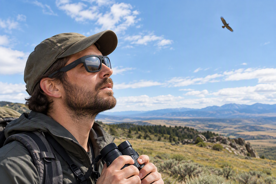 Birder wearing camera glasses looks up as a distant raptor crosses an open American sky