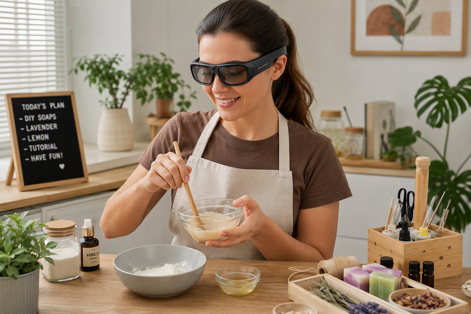 Clear-lens camera glasses worn during an indoor kitchen and craft demonstration setup with a tabletop work area visible below.
