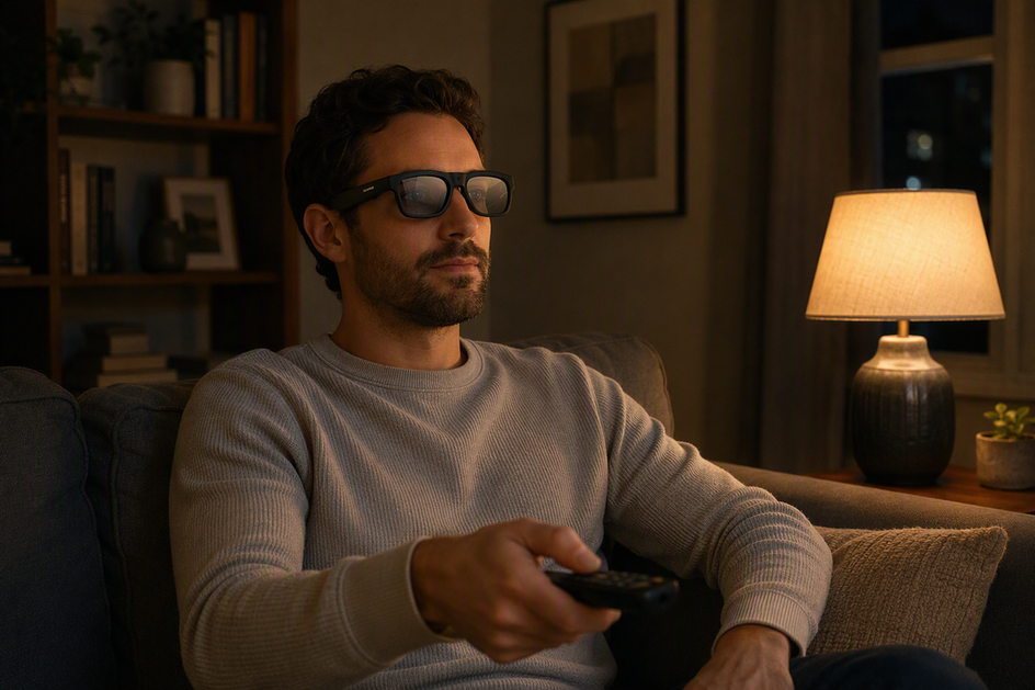 Camera glasses worn by an adult in a dim living room with a lamp illuminating the scene