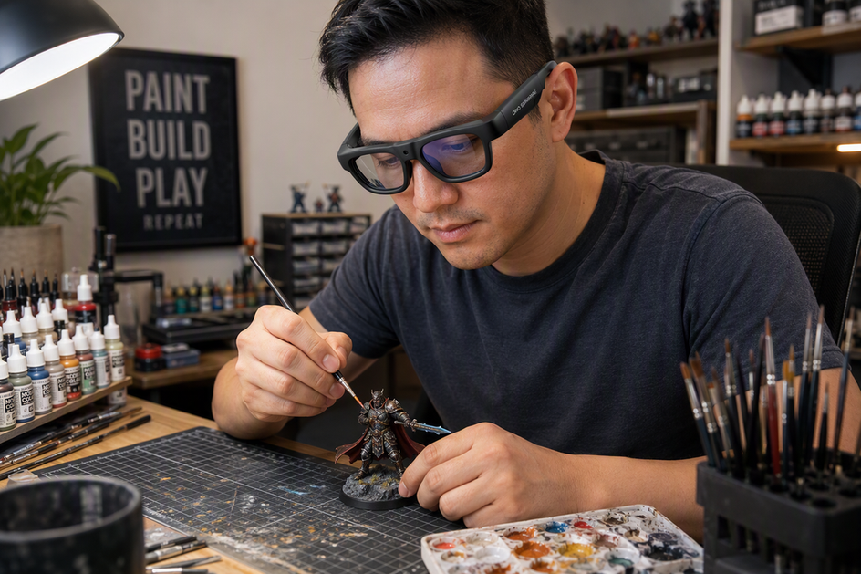A hobbyist wearing camera glasses records a miniature-painting session at a desk with the miniature and brush clearly visible.