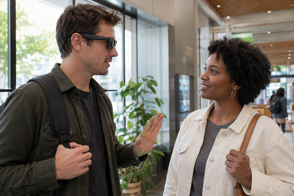 Person wearing camera glasses asks another adult for permission before recording a conversation.
