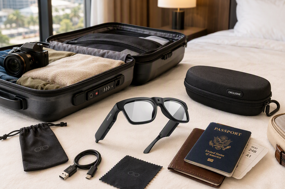 Camera glasses, protective case, charging cable, and travel essentials arranged beside an open carry-on bag.