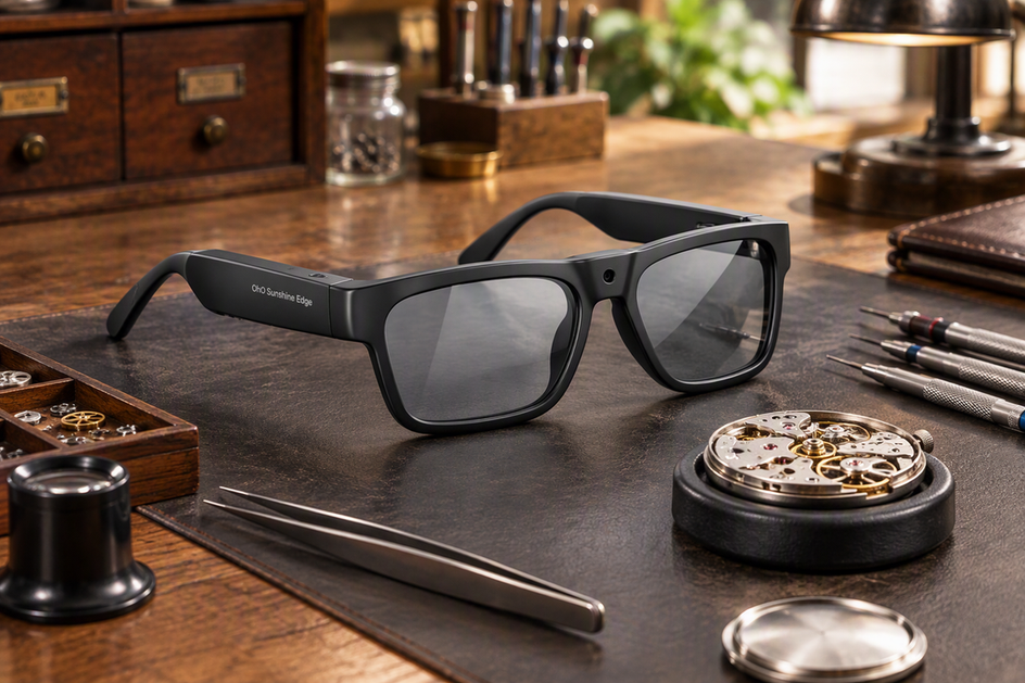 Smart camera glasses displayed on a watchmaker’s bench beside a mechanical watch movement and fine repair tools.