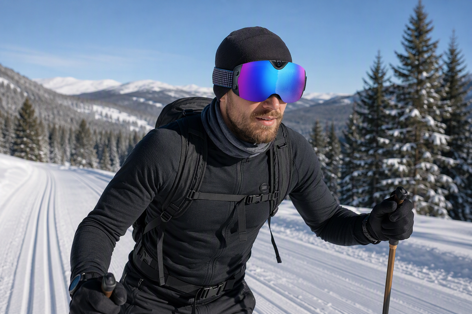 Camera ski goggles worn during a cross-country skiing tour in cold, dry conditions.