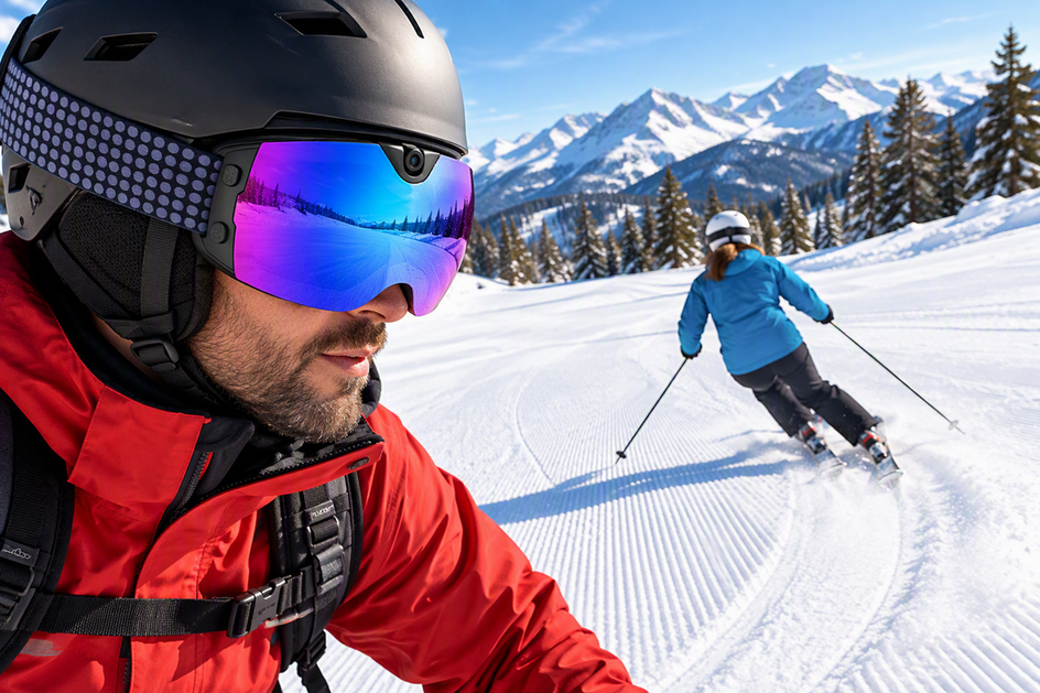 Camera ski goggles worn by an instructor while following a student through linked carved turns on a snowy slope