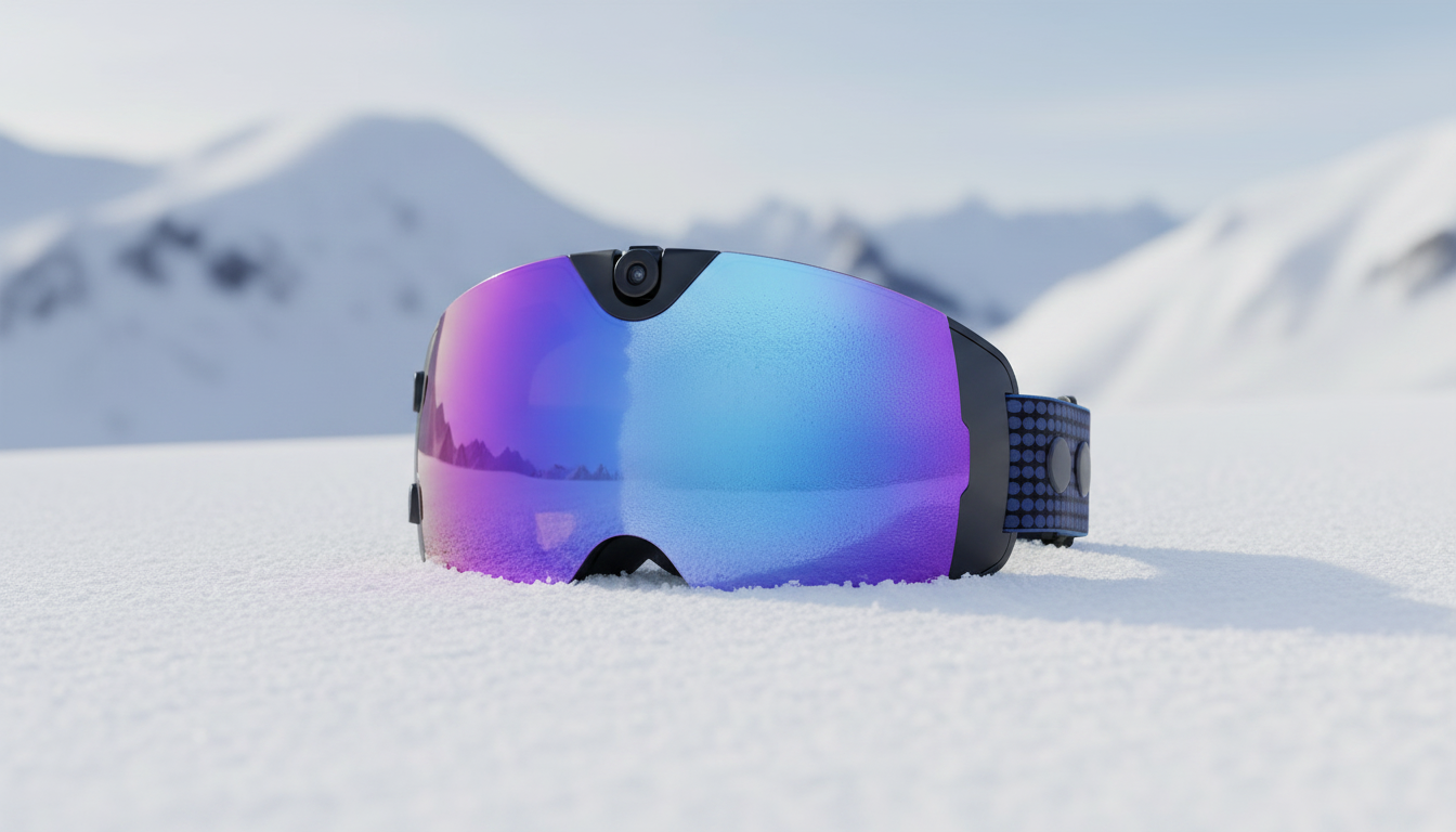 Camera ski goggles presented as a winter sports product hero