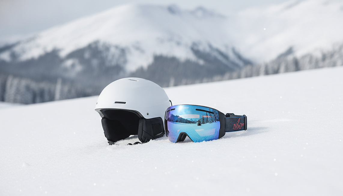 Camera ski goggles and a ski helmet arranged as a winter gear hero image on a snowy mountain