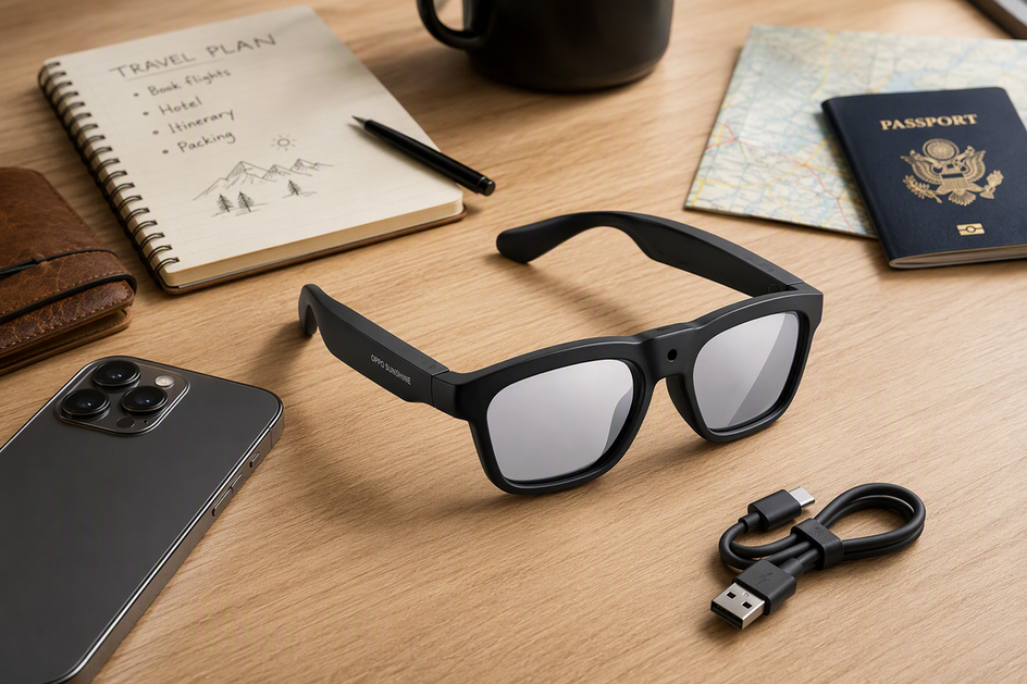 Smart glasses beside a smartphone, travel notes, and a compact charging cable on a clean desk