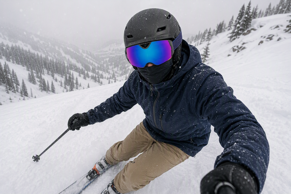 Skier descending a snowy slope through flat light while wearing camera ski goggles
