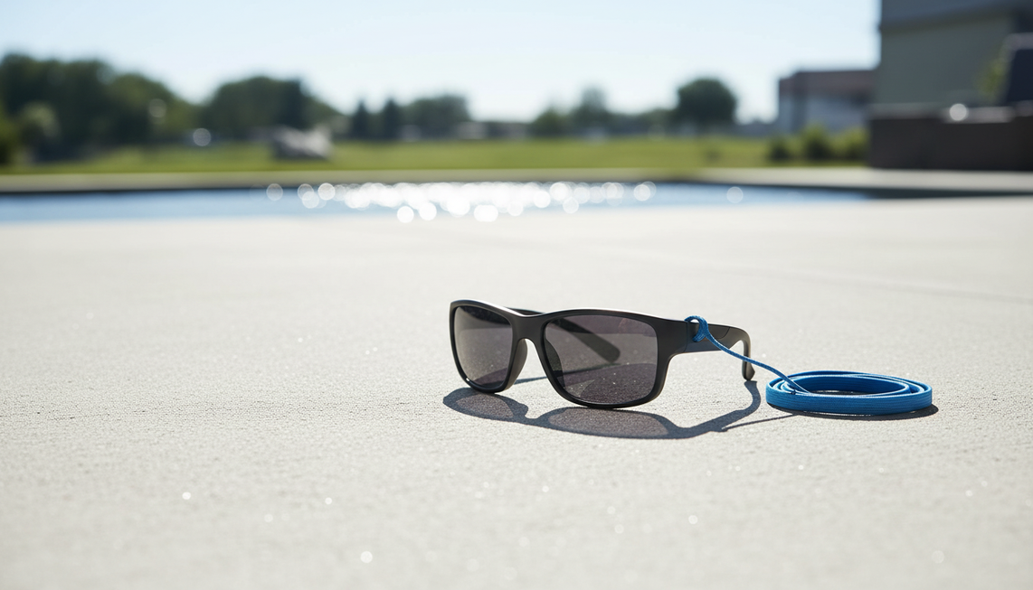 Camera sunglasses presented in a bright outdoor setting with reflective surfaces and strong sunlight