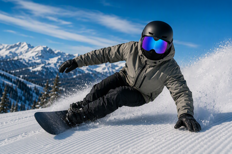 A snowboarder wearing camera-equipped snowboard goggles carves across a bright groomed slope with snow spray trailing behind.