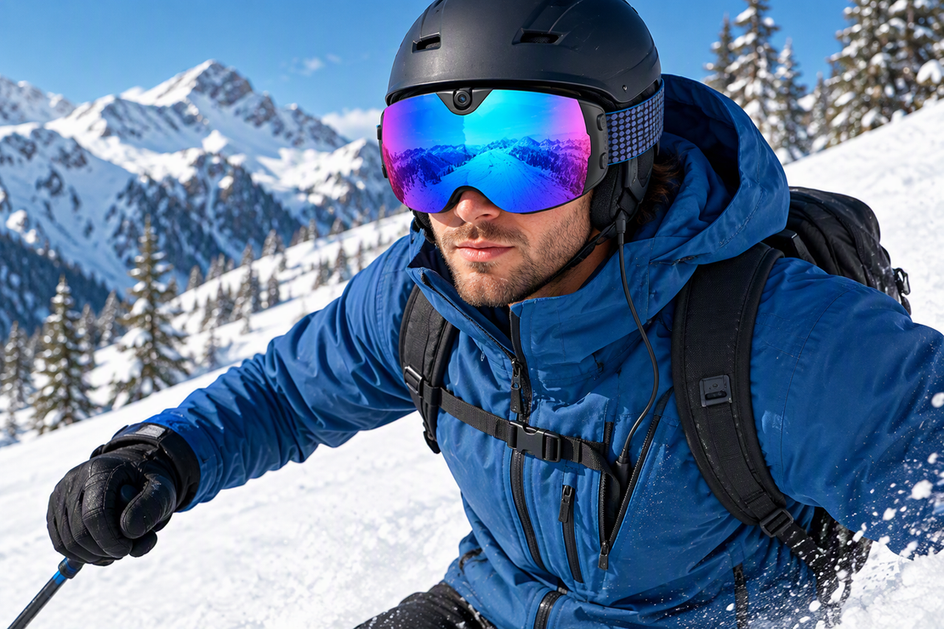Camera ski goggles worn by a skier on a snowy mountain with a power bank secured inside a jacket pocket