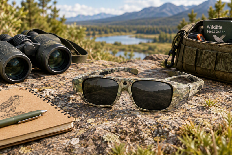 Camouflage camera glasses arranged with binoculars, a field notebook, and a wildlife observation kit in an outdoor research setting