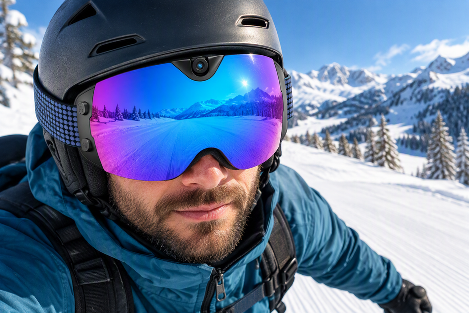 Camera ski goggles worn with a ski helmet on a snowy mountain slope