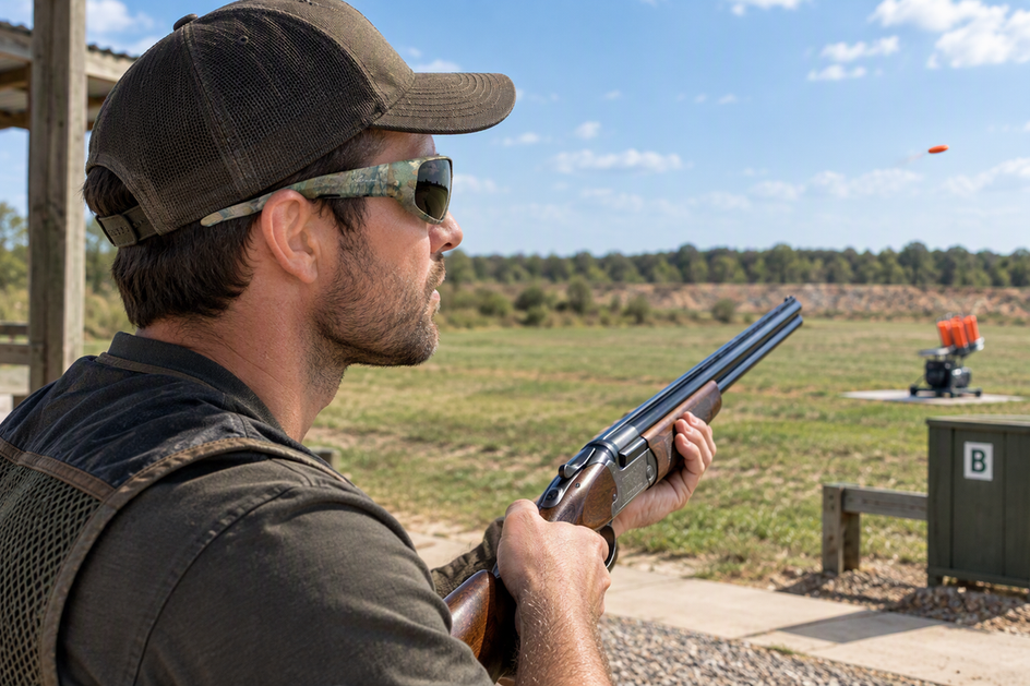 Camera glasses worn by a clay shooter on an outdoor range, with a shotgun barrel and clay target visible in the training scene