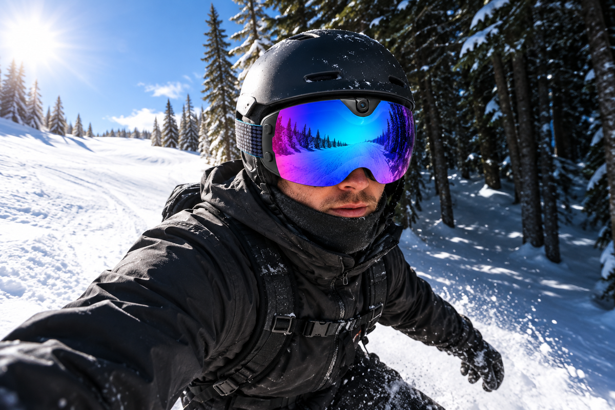 Camera-equipped ski goggles worn by a snowboarder at the edge of a bright clearing and shaded trees