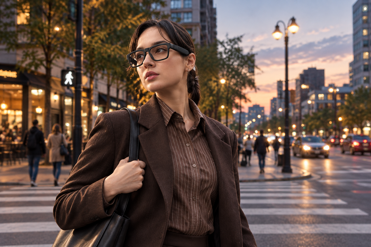 Smart Bluetooth glasses worn by a commuter walking through a city at dusk.