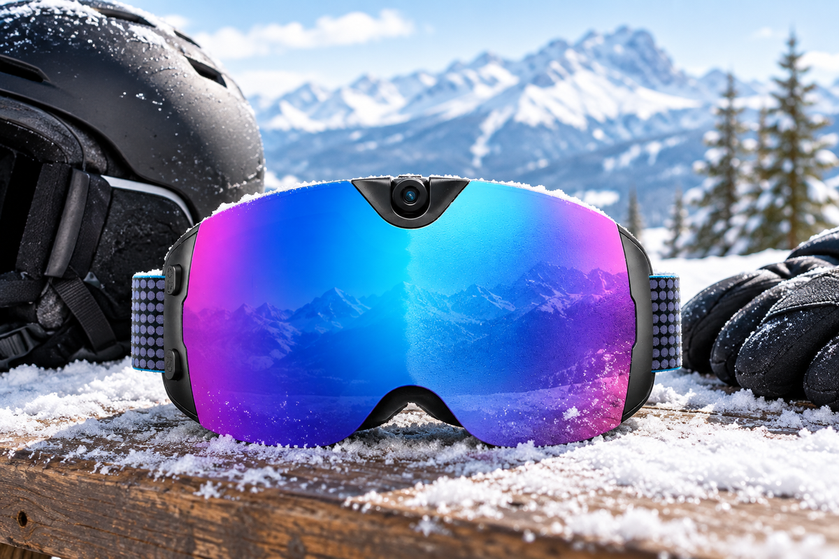 Camera ski goggles resting on snow gear beside a helmet and gloves in a winter setting