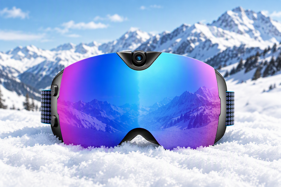 Camera ski goggles resting on snow in a wide alpine setting, with the lens and central camera clearly visible.
