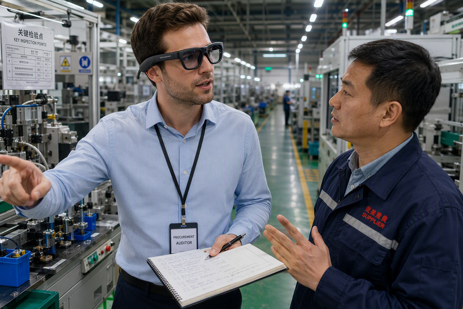 Operator wearing camera-enabled translation glasses during a factory inspection while a supplier speaks nearby