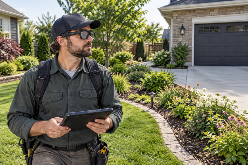Landscape contractor wearing camera glasses while reviewing a residential yard and its planting-bed boundaries