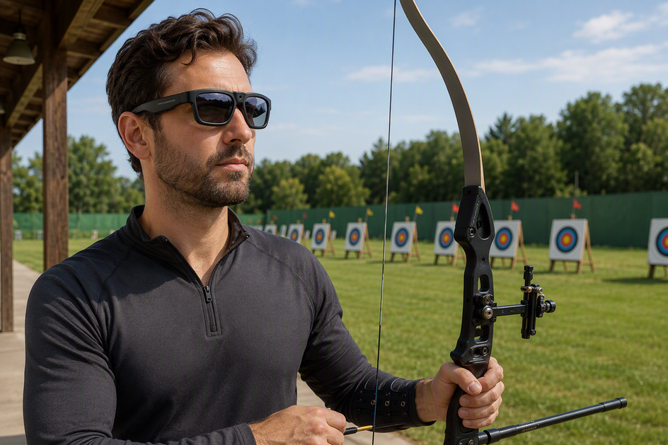 Camera glasses worn by an archer at an outdoor target range while preparing to film a first-person view